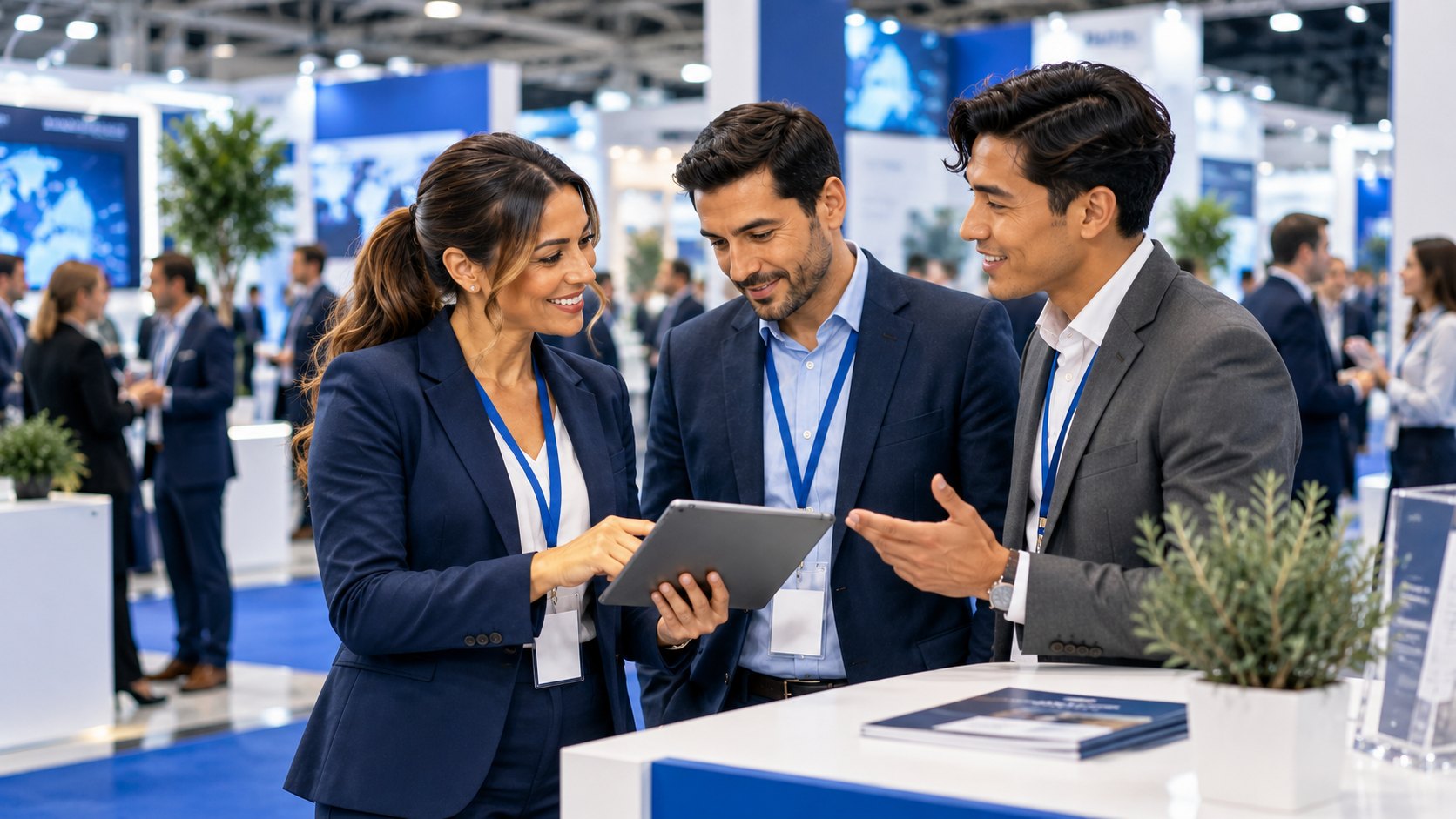 Geschäftsleute im Gespräch auf einer internationalen Fachmesse